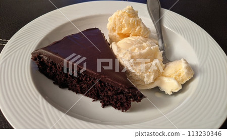 Chocolate Cake with Vanilla Ice Cream on White Plate Chocolate Cake with Vanilla Ice Cream on White Plate 113230346