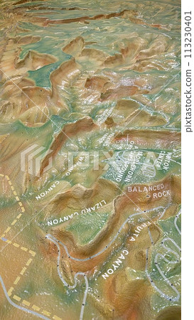 3D Topographical Map Detail with Trails and Landmarks 113230401