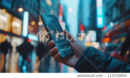 Businessman using a smartphone app to buy or sell of stock market. Investment concept. Generative AI 113230664