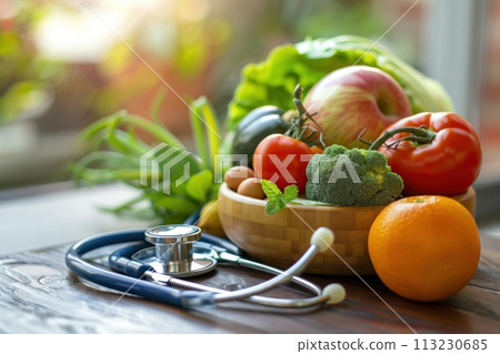 A bowl of fruit and vegetables sits on a table next to a stethoscope A bowl of fruit and vegetables sits on a table next to a stethoscope 113230685