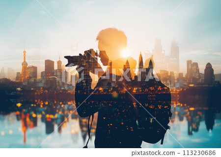 Double exposure. In the background is a famous attractions around the world. Generative AI Double exposure. In the background is a famous attractions around the world. Generative AI 113230686