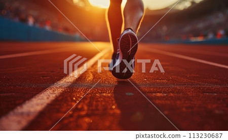 Athlete running on racetrack at stadium. Close up of athlete legs. Generative AI 113230687
