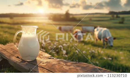 Glass jug of milk on wooden table, cows walking on grass on background. Generative AI 113230710
