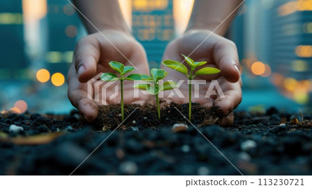 Hands holding small saplings growing, with a city and industries in the background. Generative AI 113230721