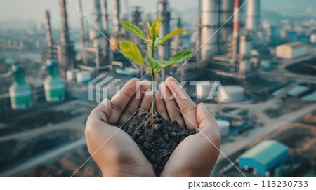 Hands holding small saplings growing, with a city and industries in the background. Generative AI 113230733