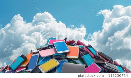 A pile of old cell phones and televisions sit on top of a hill. 113230734