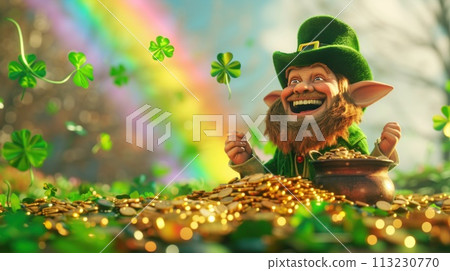 leprechaun surrounded by piles of gold in a field of four leaf clovers Rainbow abound. Generative AI 113230770