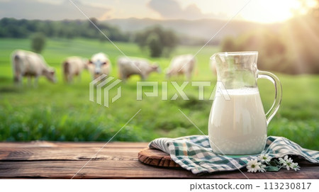 Glass jug of milk on wooden table, cows walking on grass on background. Generative AI 113230817