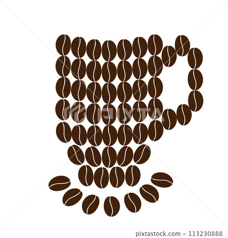 Stylized cup of coffee beans with saucer in trendy brown Coffee Day greetings or cards design idea 113230888