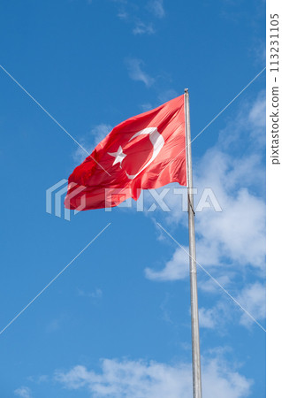 Flag of Turkey on a flagpole unfurled in the wind against the blue sky Flag of Turkey on a flagpole unfurled in the wind against the blue sky 113231105