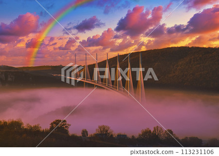 Beautiful scenery of Millau Bridge and the morning glow under the sea of clouds Beautiful scenery of Millau Bridge and the morning glow under the sea of clouds 113231106