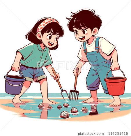 一個孩子在海上尋找蛤蜊的插圖 113231416