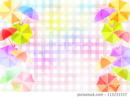 Rainy season, umbrella, checkered, background, illustration, cute, horizontal, watercolor, colorful 113231557