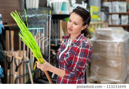 Adult woman choosing broom in household store 113231649