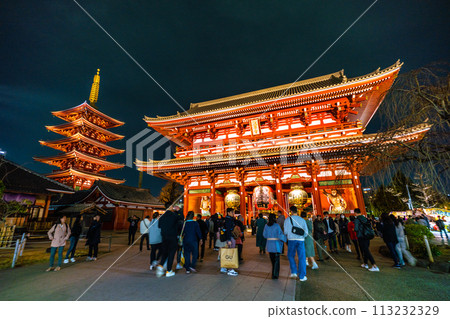Tokyo cityscape in Japan: Sensoji Temple illuminated at night, crowded with foreign tourists... (March 17) 113232329