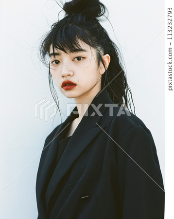 穿著超大夾克的亞洲女性的肖像 113232793