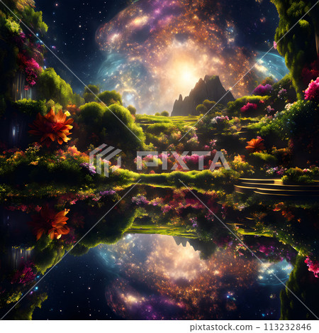 A vibrant landscape that merges the tranquility of a lake with the cosmos. 113232846
