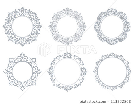 Set of decorative frames Elegant vector element for design in Eastern style, place for text. Floral gray and white borders. Lace illustration for invitations and greeting cards Set of decorative frames Elegant vector element for design in Eastern style, place for text. Floral gray and white borders. Lace illustration for invitations and greeting cards 113232868