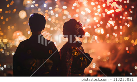 一對亞洲夫婦在夜空中觀賞煙火的剪影 113233081
