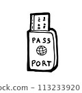 Passport, a digital art of travel passport with boarding pass hand drawn icon illustration isolated on white background. 113233920