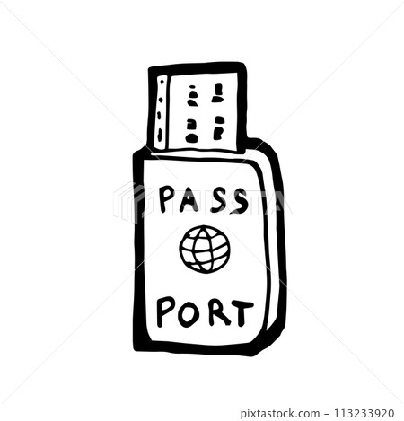 Passport, a digital art of travel passport with boarding pass hand drawn icon illustration isolated on white background. Passport, a digital art of travel passport with boarding pass hand drawn icon illustration isolated on white background. 113233920