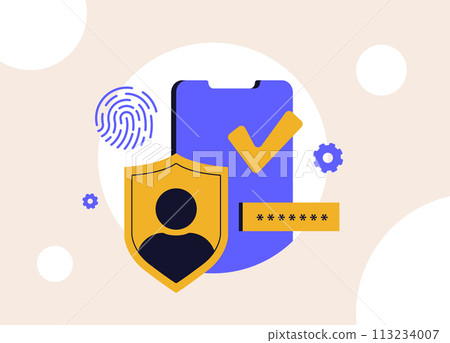 Passwordless authentication. Zero Sign-On, Shield, sign-in form, password and biometric authentication with fingerprint identification for secure accounts and online protection. Vector illustration Passwordless authentication. Zero Sign-On, Shield, sign-in form, password and biometric authentication with fingerprint identification for secure accounts and online protection. Vector illustration 113234007