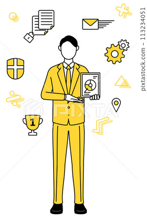 An image of DX, a simple line drawing illustration of a businessman in a suit who uses digital technology to improve business 113234051