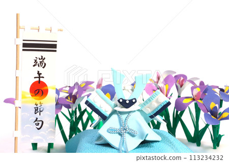 A pastel-colored miniature helmet, colored iris flowers, and a Tango no Sekku flag A pastel-colored miniature helmet, colored iris flowers, and a Tango no Sekku flag 113234232