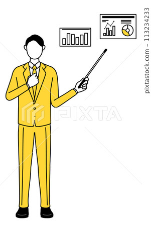 A simple line drawing illustration of a businessman in a suit who analyzes a performance graph A simple line drawing illustration of a businessman in a suit who analyzes a performance graph 113234233