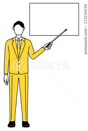 A simple line drawing illustration of a businessman in a suit pointing at a whiteboard with a pointing stick A simple line drawing illustration of a businessman in a suit pointing at a whiteboard with a pointing stick 113234234