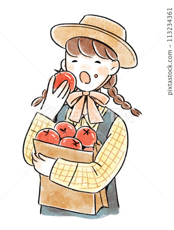Woman in straw hat about to eat a tomato Woman in straw hat about to eat a tomato 113234361