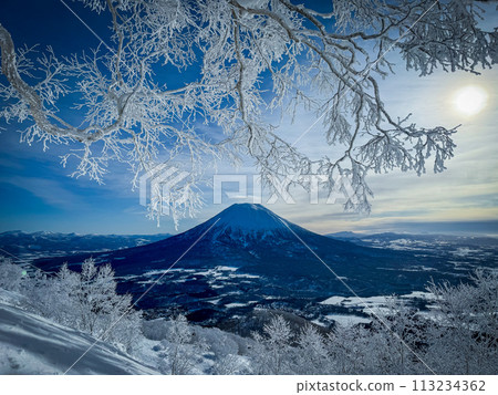 Snowy landscape of Niseko Mt. Yotei seen on a sunny winter morning Snowy landscape of Niseko Mt. Yotei seen on a sunny winter morning 113234362