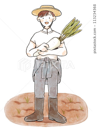A man in farmer's work clothes holding a radish 113234368