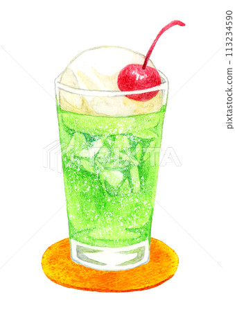 Melon cream soda (soda float) hand-drawn watercolor illustration material of drink 113234590