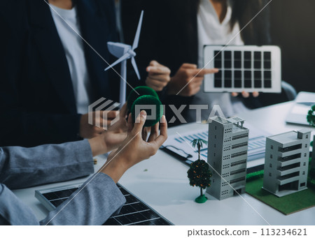 Carbon offset price report CO2 emission. Future growth Net zero waste in ESG ethical SME office protect climate change global warming social issues project. Group of asia people Eco friendly SDGs plan 113234621