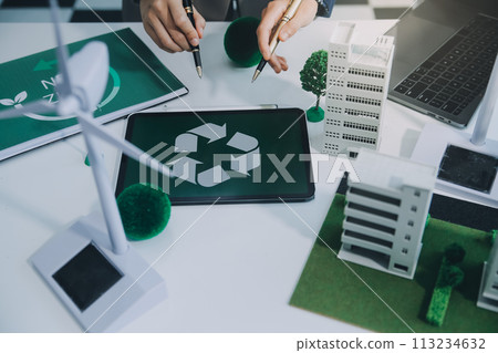 Carbon offset price report CO2 emission. Future growth Net zero waste in ESG ethical SME office protect climate change global warming social issues project. Group of asia people Eco friendly SDGs plan 113234632