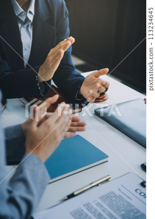 Business people clapping and applause at meeting or conference, close-up of hands. Group of unknown businessmen and women in modern white office. Success teamwork or corporate coaching concept 113234645