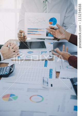 Business team working with new startup project plan and discussion information for financial strategy with laptop and digital tablet in a modern business lounge. 113234688