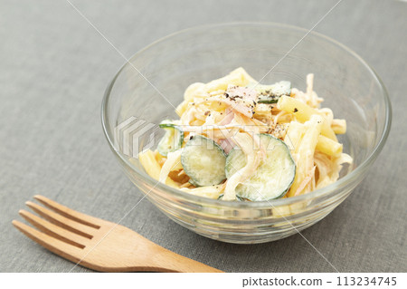 A wooden spoon and macaroni salad placed on a placemat A wooden spoon and macaroni salad placed on a placemat 113234745