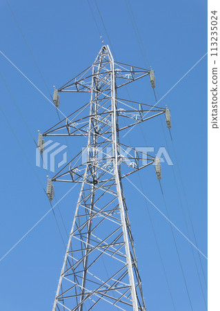 High voltage warning_Scenery of towers and power lines High voltage warning_Scenery of towers and power lines 113235024