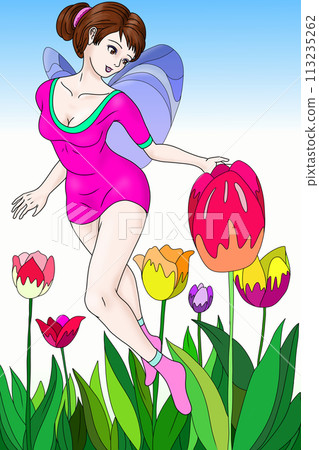 Cute fairy flying around the tulip field Cute fairy flying around the tulip field 113235262