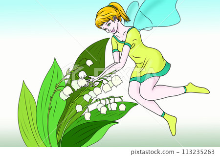 A cute fairy approaching a lily of the valley flower A cute fairy approaching a lily of the valley flower 113235263