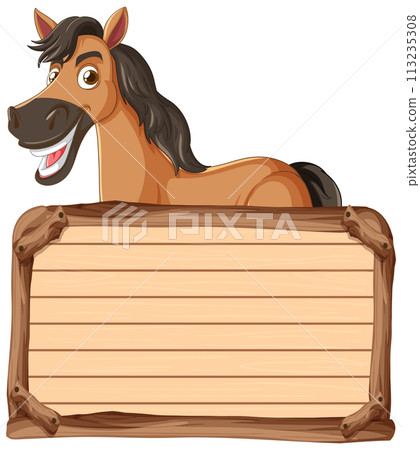 Cheerful Horse with Wooden Sign 113235308