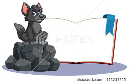 Cheerful Wolf with Open Storybook 113235325