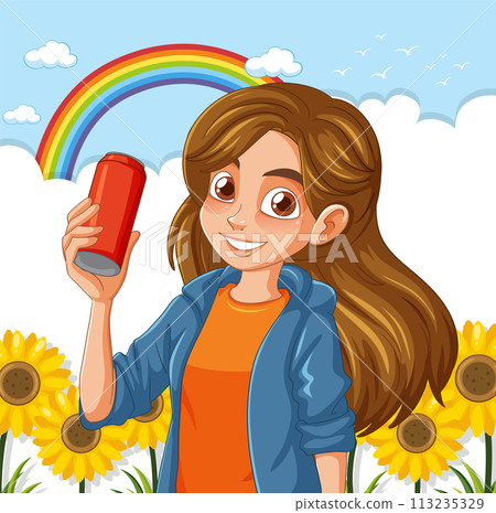 Girl Enjoying a Drink Under Rainbow Girl Enjoying a Drink Under Rainbow 113235329