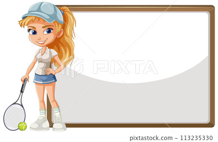 Sporty Girl with Tennis Racket Illustration Sporty Girl with Tennis Racket Illustration 113235330