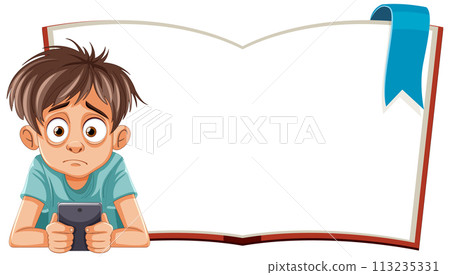 Boy Engrossed in Smartphone with Book 113235331