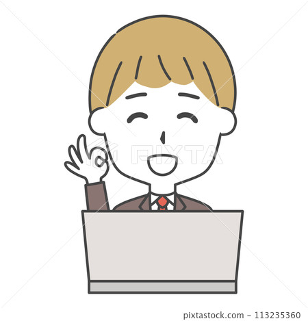 A man in a suit giving an OK sign in front of a computer A man in a suit giving an OK sign in front of a computer 113235360