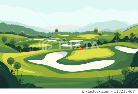 Nature Landscape of Green Golf Field Course with Hole in Bright Sky Nature Landscape of Green Golf Field Course with Hole in Bright Sky 113235467