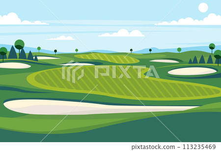 Nature Landscape of Green Golf Field Course with Hole in Bright Sky 113235469
